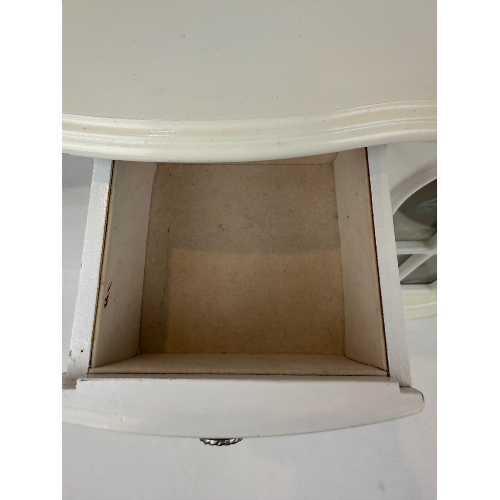 Vintage White Wooden Jewelry Armoire Cathedral Glass Door Tabletop Chest Mirror - Picture 10 of 14